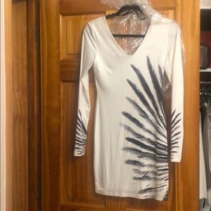 Bebe cream and charcoal gray feather dress
